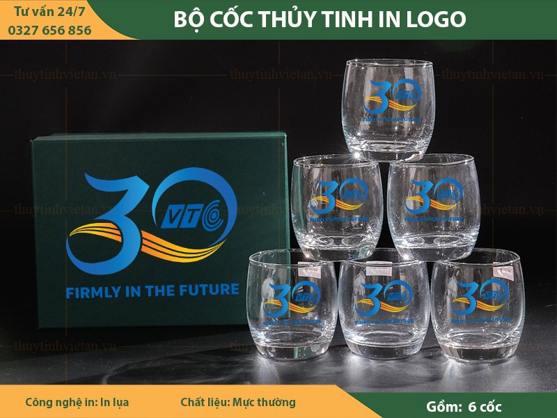 Bộ cốc thủy tinh quà tặng in logo đài truyền hình VTC