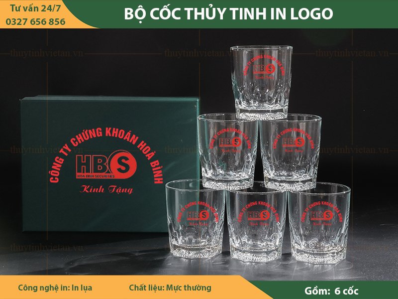 Bộ cốc thủy tinh in logo công ty chứng khoán Hòa Bình