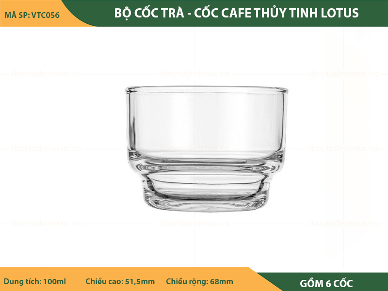 Bộ cốc thủy tinh uống trà - cafe lotus - không quai