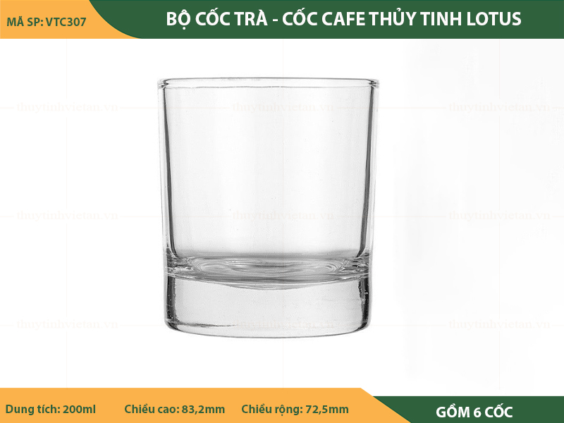 Bộ cốc thủy tinh uống trà - cafe lotus - không quai