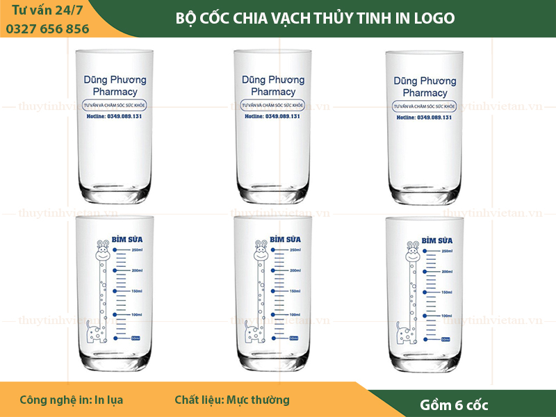 Bộ cốc thủy tinh chia vạch in logo