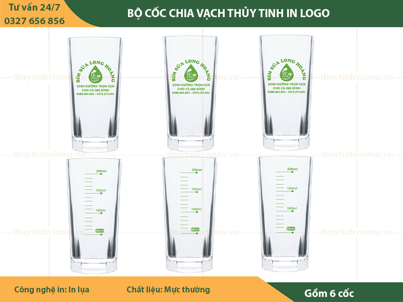 Bộ cốc thủy tinh chia vạch in logo