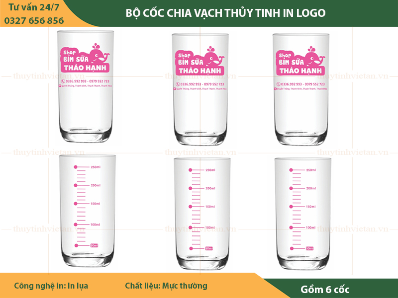 Bộ cốc thủy tinh chia vạch in logo