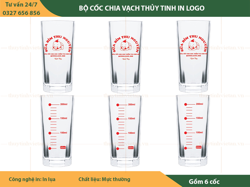 Bộ cốc thủy tinh chia vạch in logo